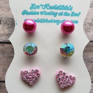 Sparkly Pink Trio Stud Earrings Set